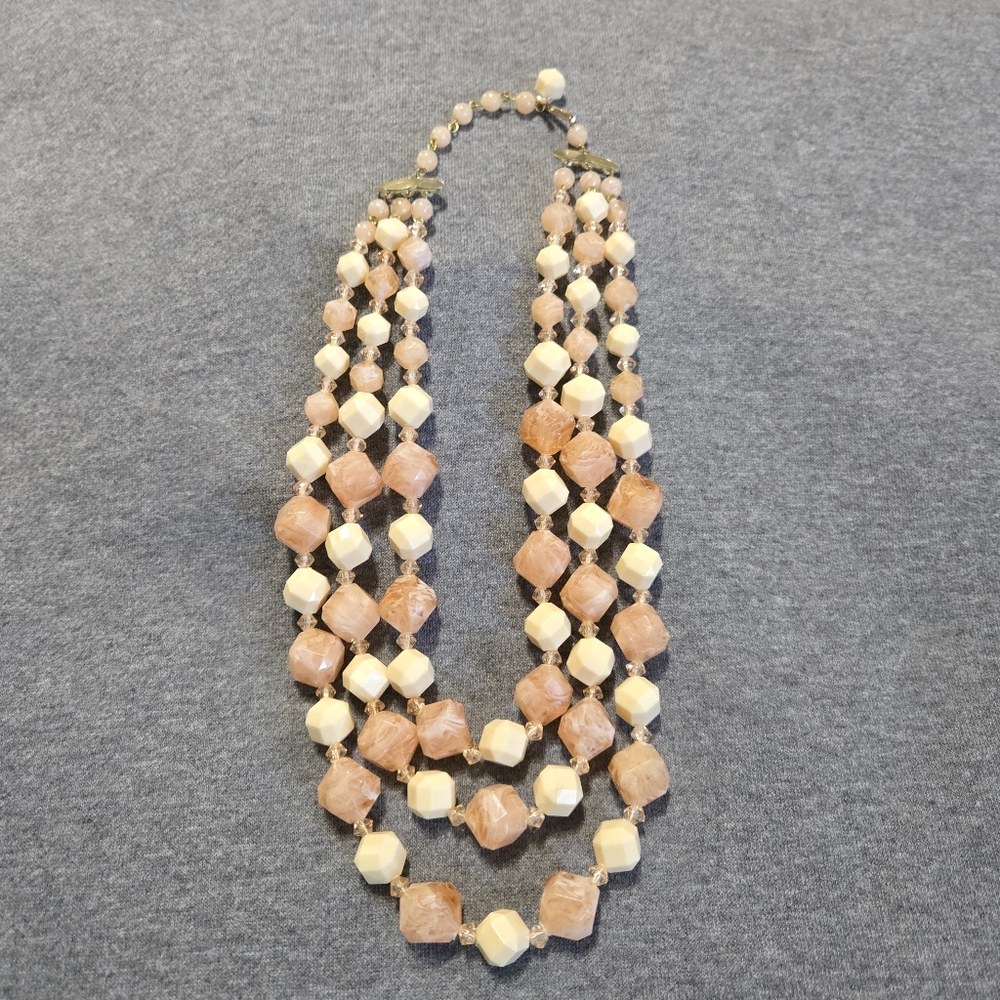Vintage Three Strand Peach And Cream Plastic Beaded Necklace 16" MCM Dress Up
